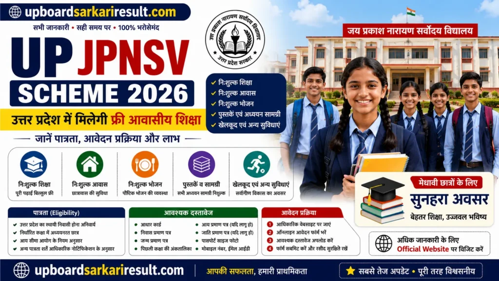 UP JPNSV Scheme 2026, JPNSV Scheme, JPNSV Admission 2026, Jai Prakash Narayan Sarvodaya Vidyalaya, Uttar Pradesh JPNSV, UP Residential School, Free Residential Education, UP Government Education Scheme, UP Student Scheme, JPNSV Eligibility, JPNSV Application Form, JPNSV Admission Process, Uttar Pradesh Education News, UP School Admission 2026, Government Residential School, Free Education Scheme, Student Scholarship UP, Uttar Pradesh Government Scheme, Education Scheme 2026, Sarkari Yojana, Sarkari Scheme UP